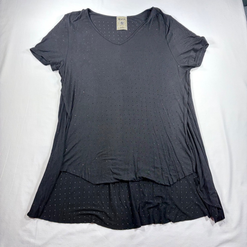 Vocal Apparel Womens Black Studded High Low Tunic Top V-Neck Short Sleeve Large
